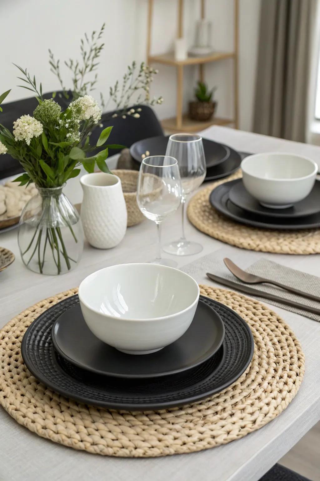 For a contemporary table setting, black and white elegance.