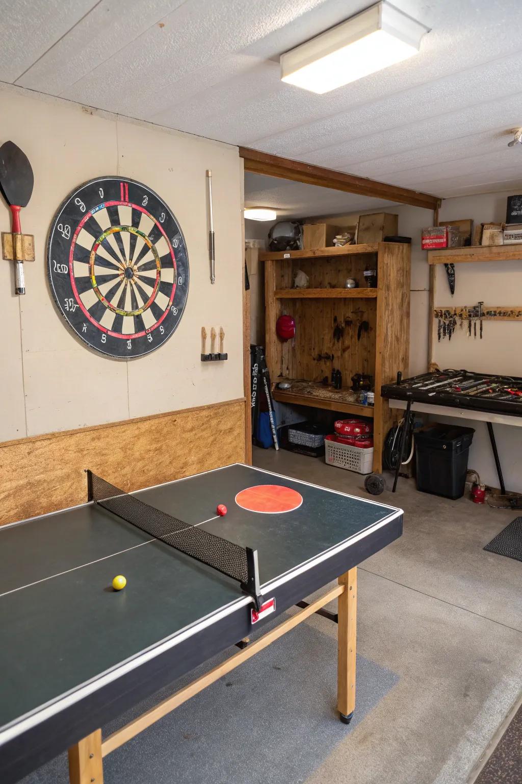 A sports and games zone brings lively energy to the garage.