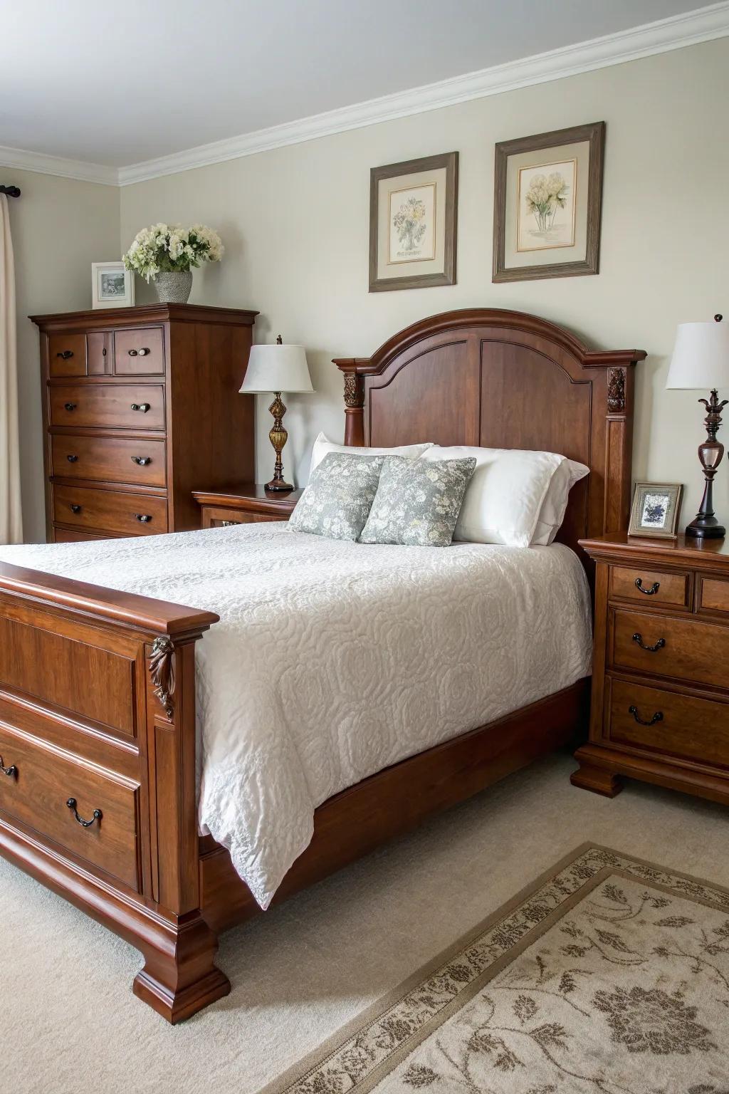Classic maple wood furniture selections anchoring a bedroom's central theme.