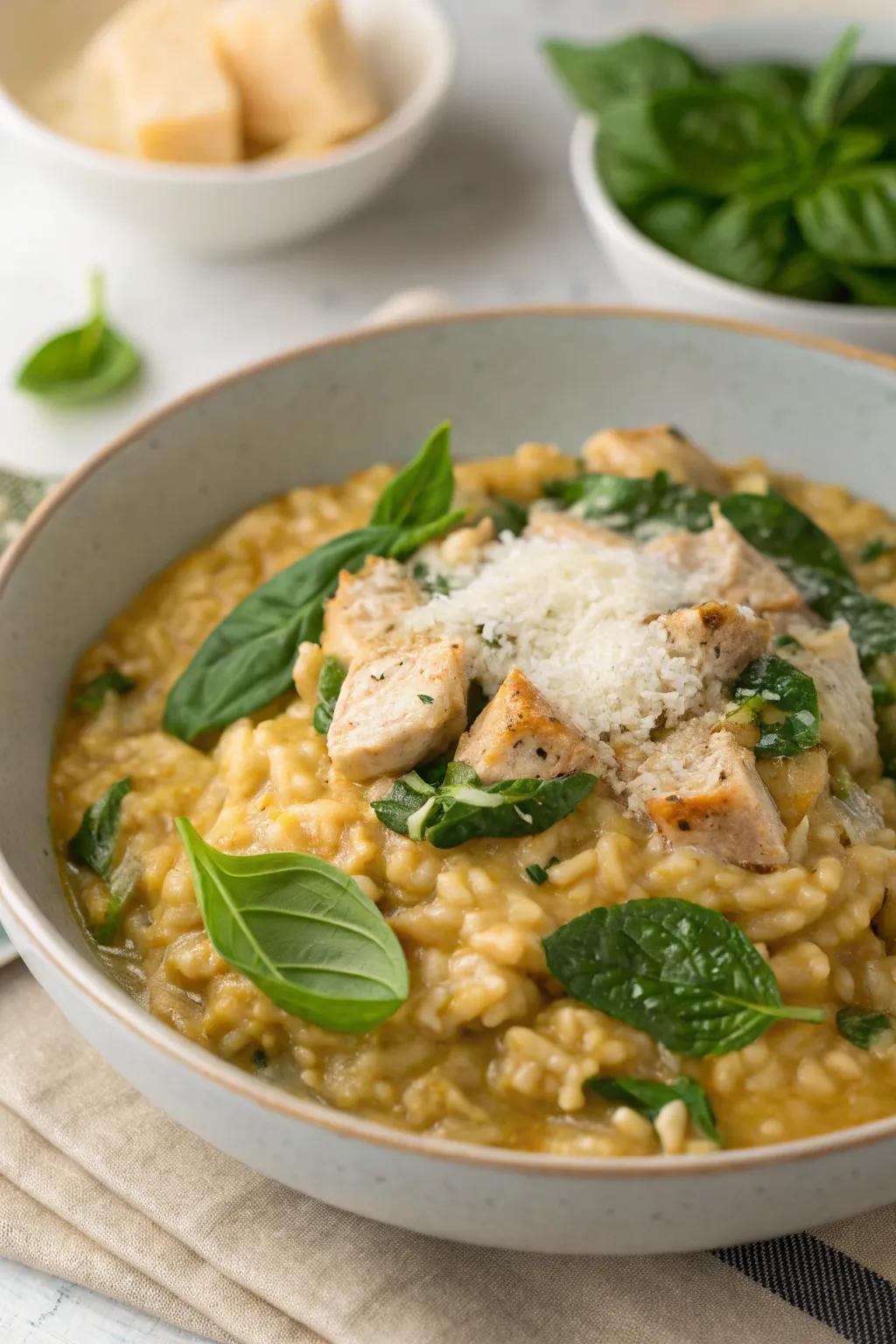 Chicken and spinach risotto, a velvety and flavorful pleasure.