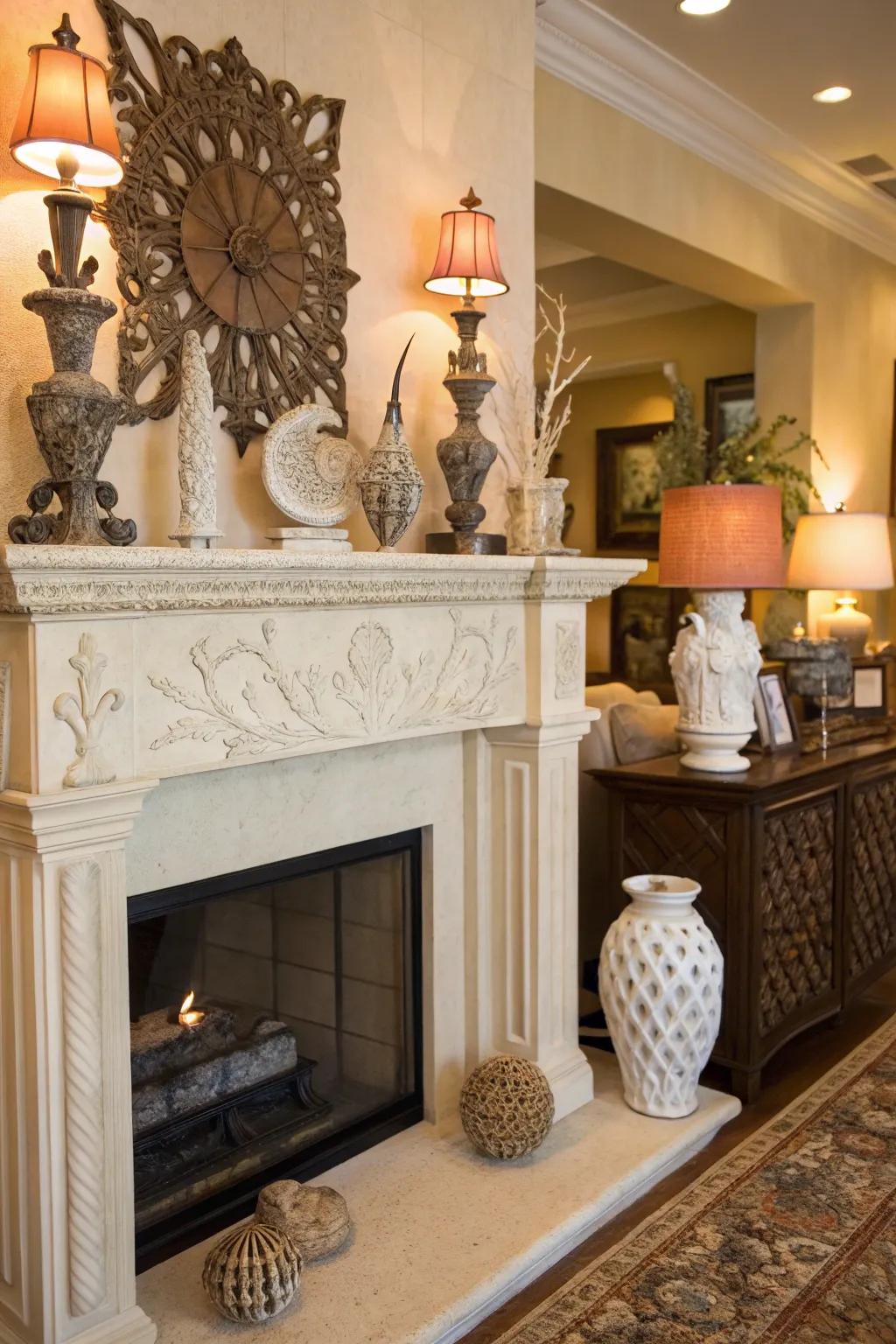 The presence of sculptural pieces on the mantel introduces artistic sophistication and visual interest.