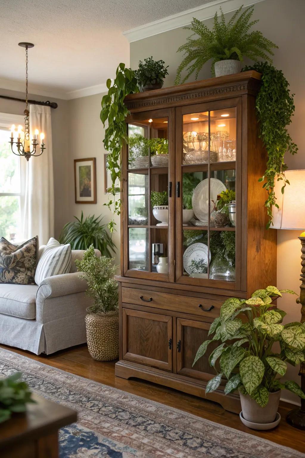 Decorative plants bring life to a display case.