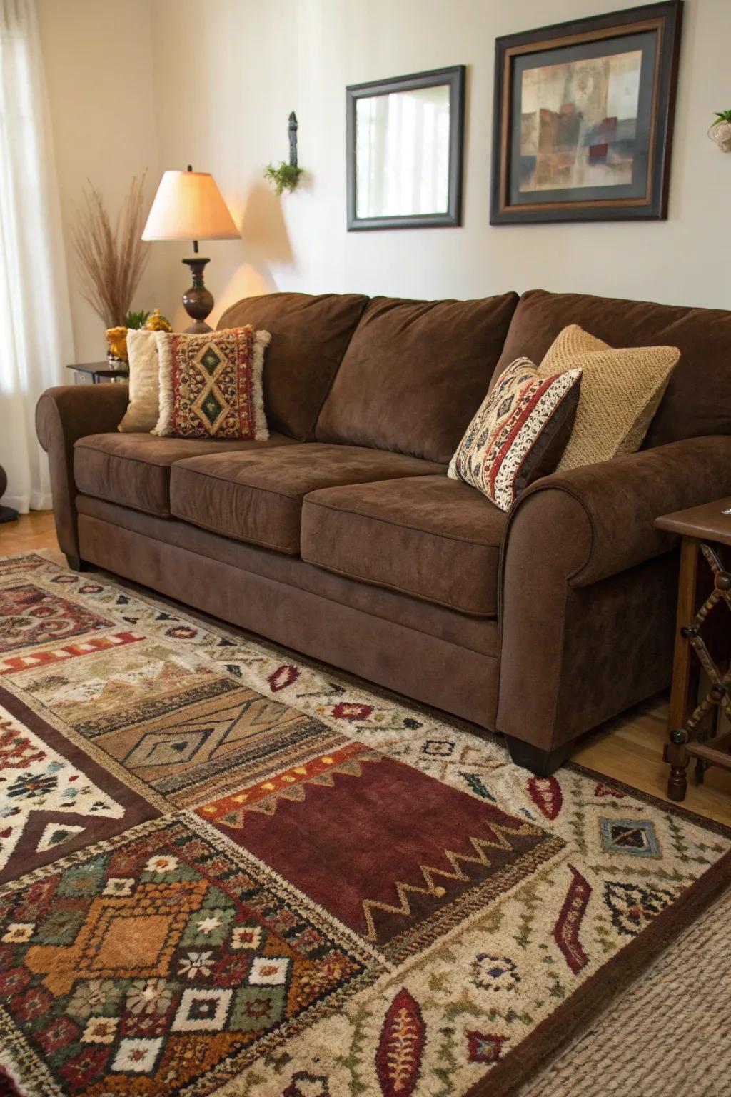Layered floor coverings provide texture and warmth beneath a cocoa sofa.