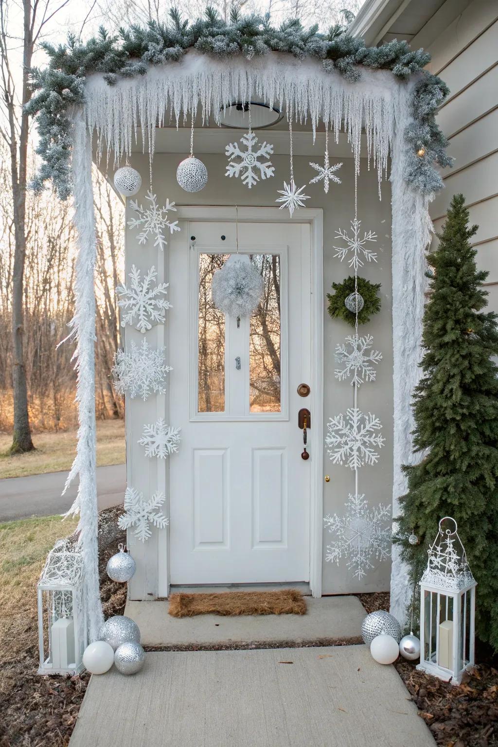 A magical snow-filled wonderland design for your doorway.