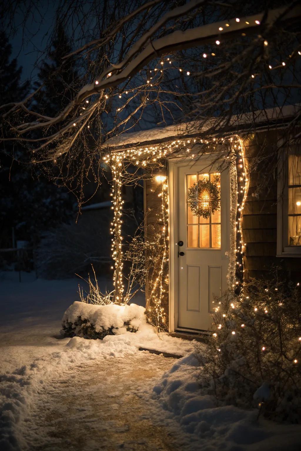 Twinkling lights cast a wonderful radiance around this joyful entryway.