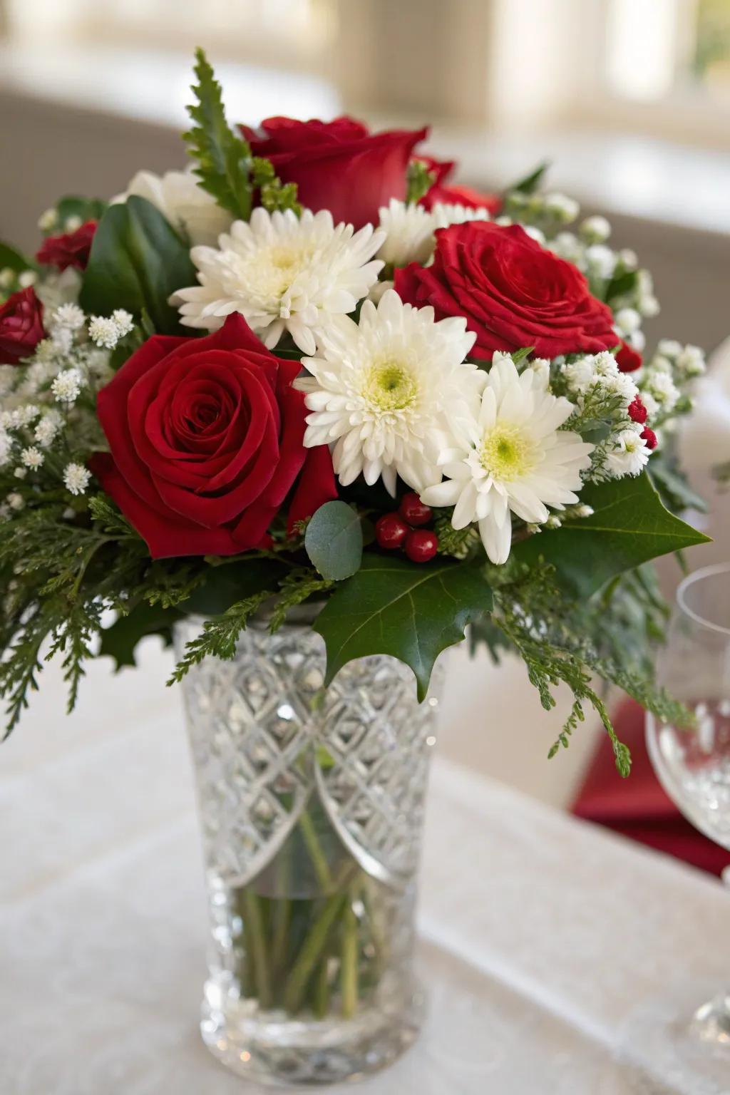 A time-honored arrangement of scarlet, chalk, and verdant flowers.