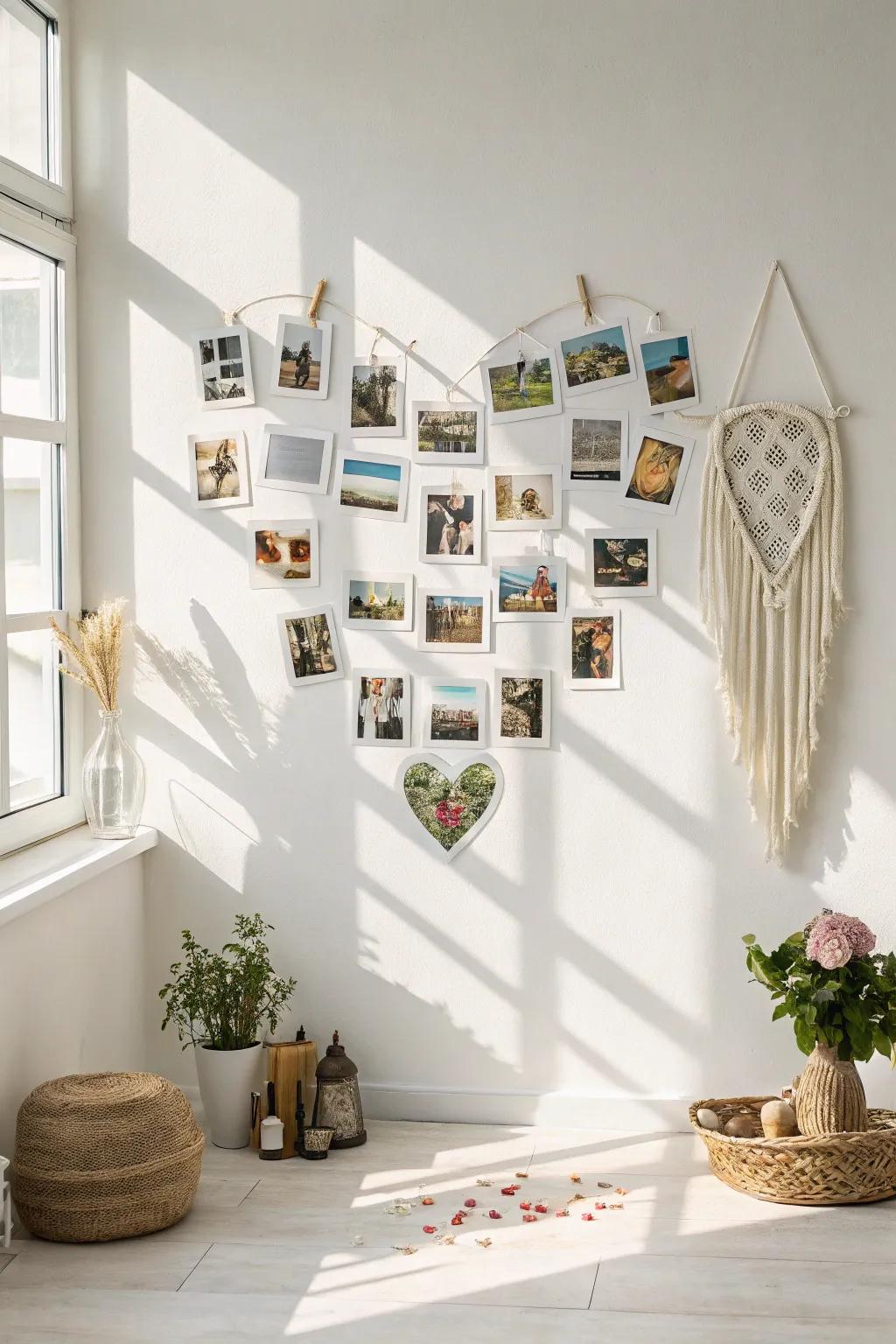 Immerse yourself in the enchantment of memories with a heart-contoured photographic assembly, flawless for minimalist and bohemian-inspired areas.