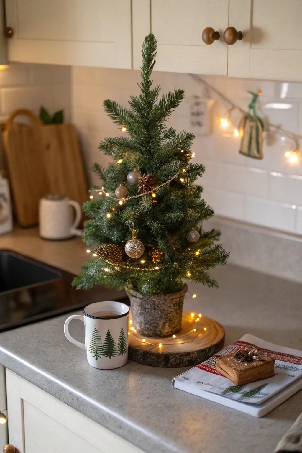 A miniature Christmas tree introduces allure to the kitchen.