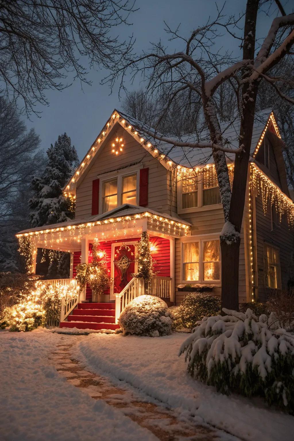 A vibrant fusion of warm white and crimson holiday lights adorning a home.