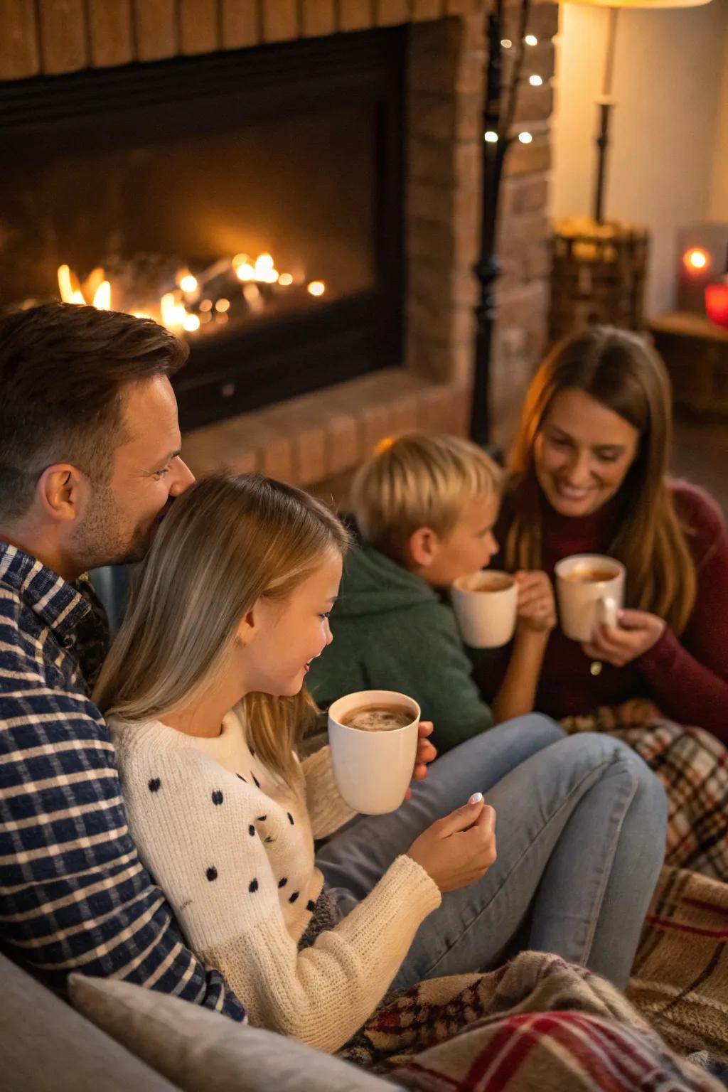 Family gathering at the fireplace, enjoying hot beverages.