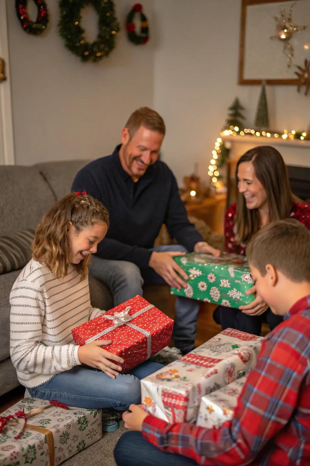 The joy of present-giving captured with beautifully wrapped presents and delighted expressions.