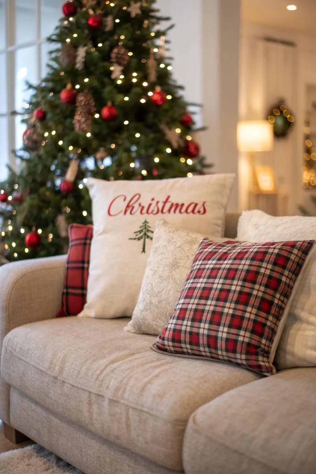 Cushions with inscriptions spreading festive happiness.