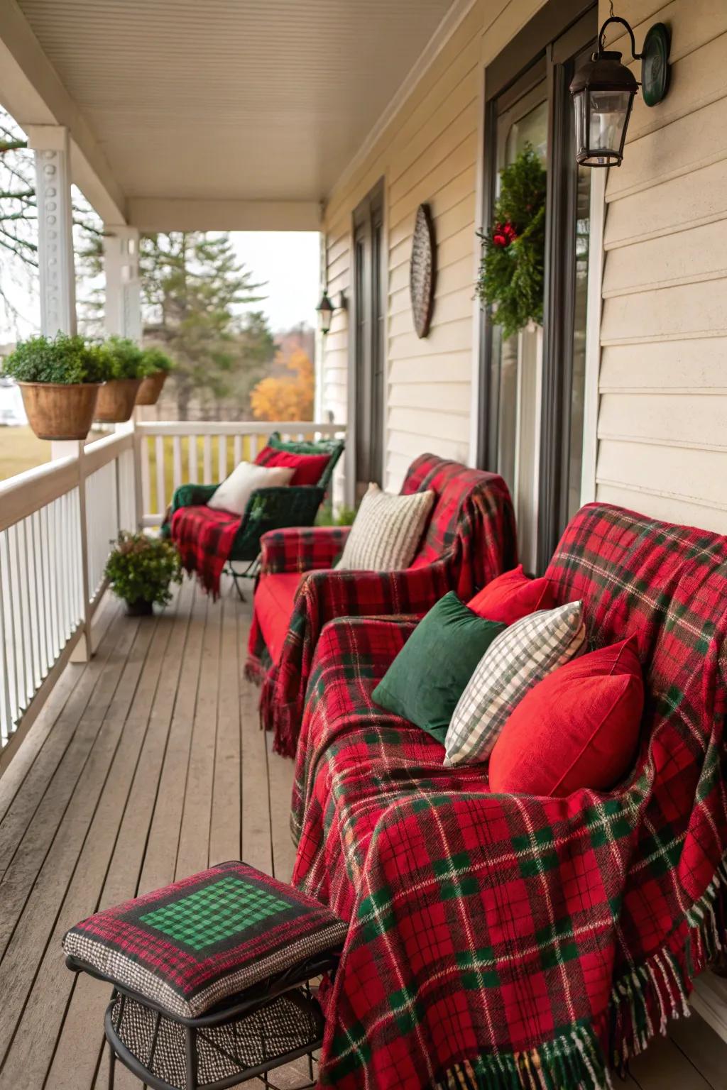 Inviting fabrics infuse warmth and vibrancy into the porch seating.