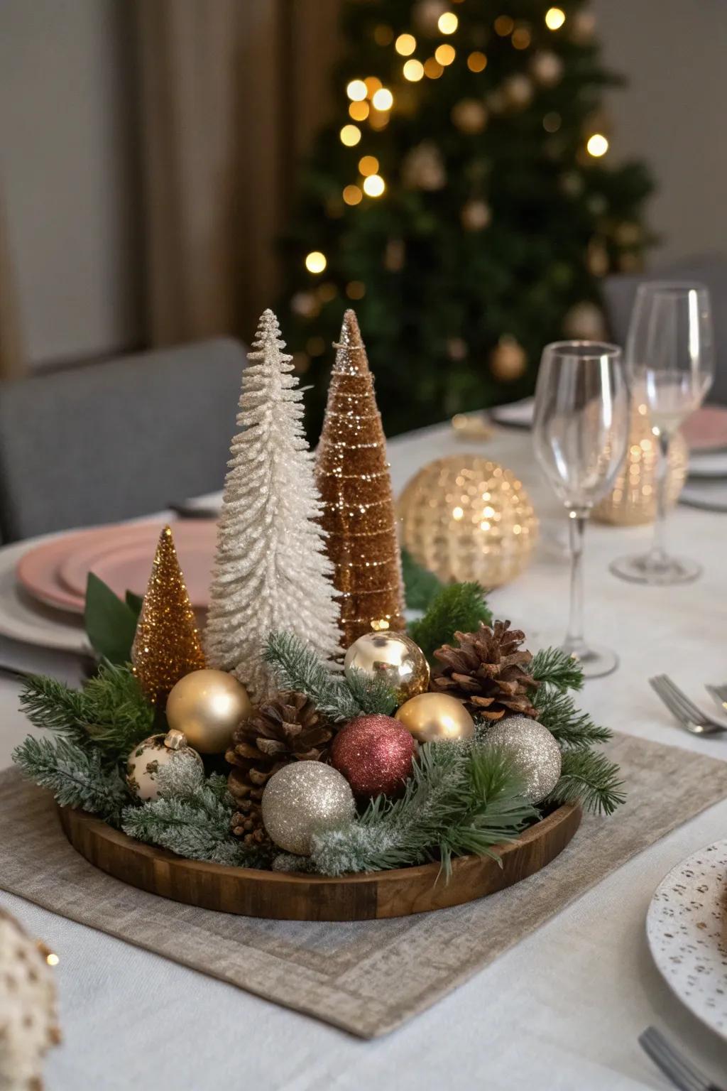 Ornaments and miniature trees combine to create a striking centerpiece.