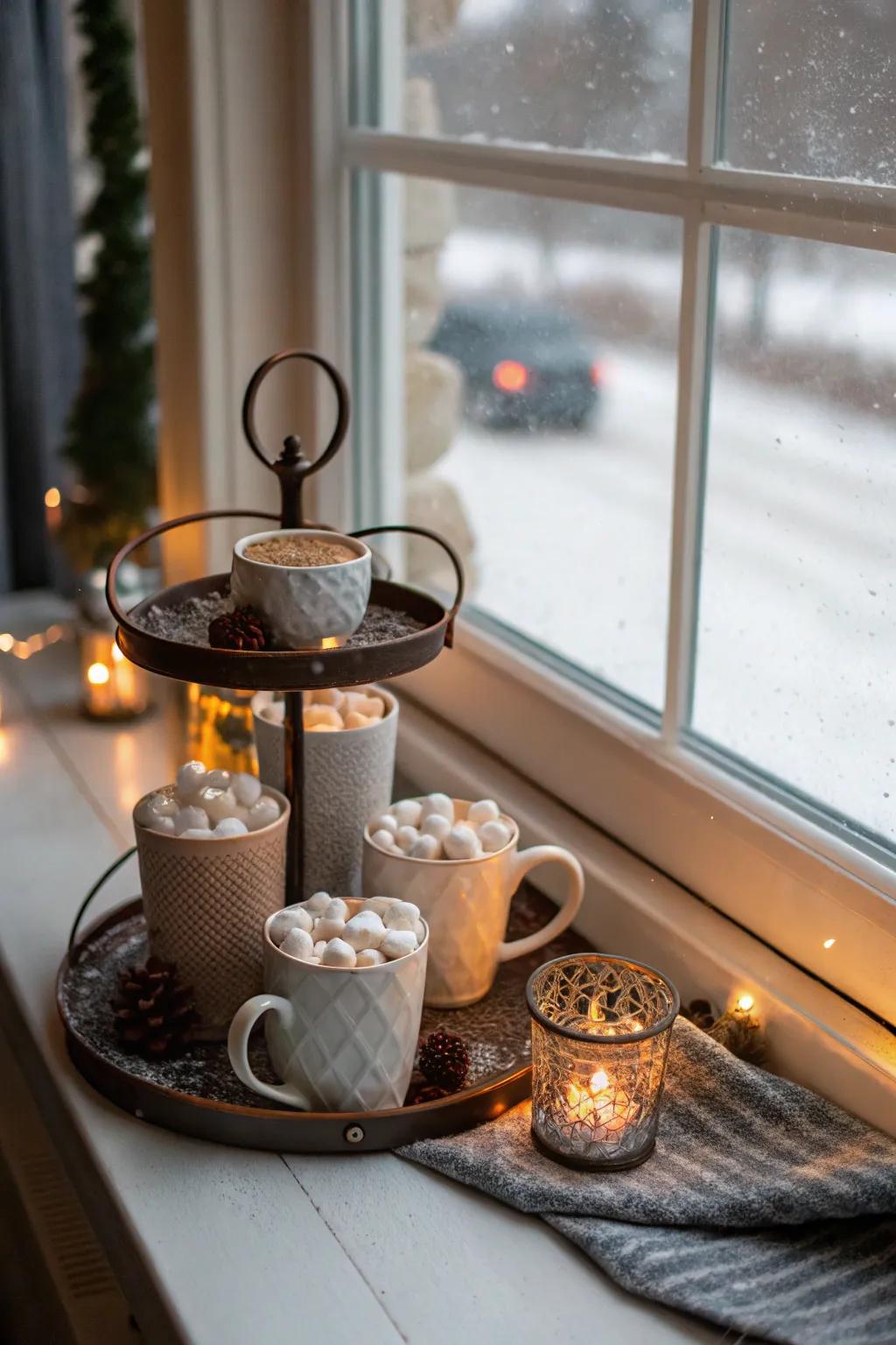 A welcoming and toasty warm chocolate getaway on a multi-level display.