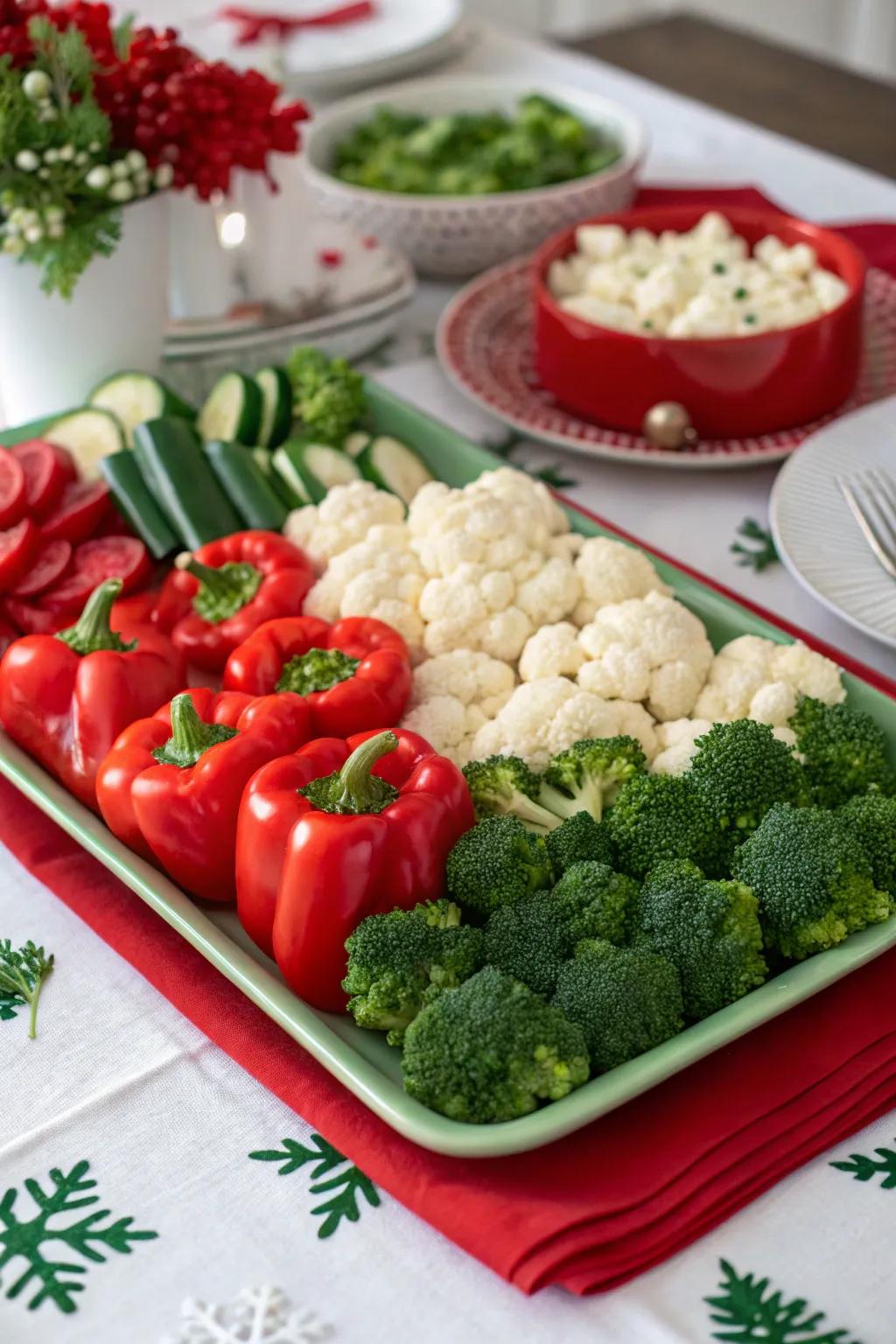 A celebratory veggie platter featuring classic Christmas shades.
