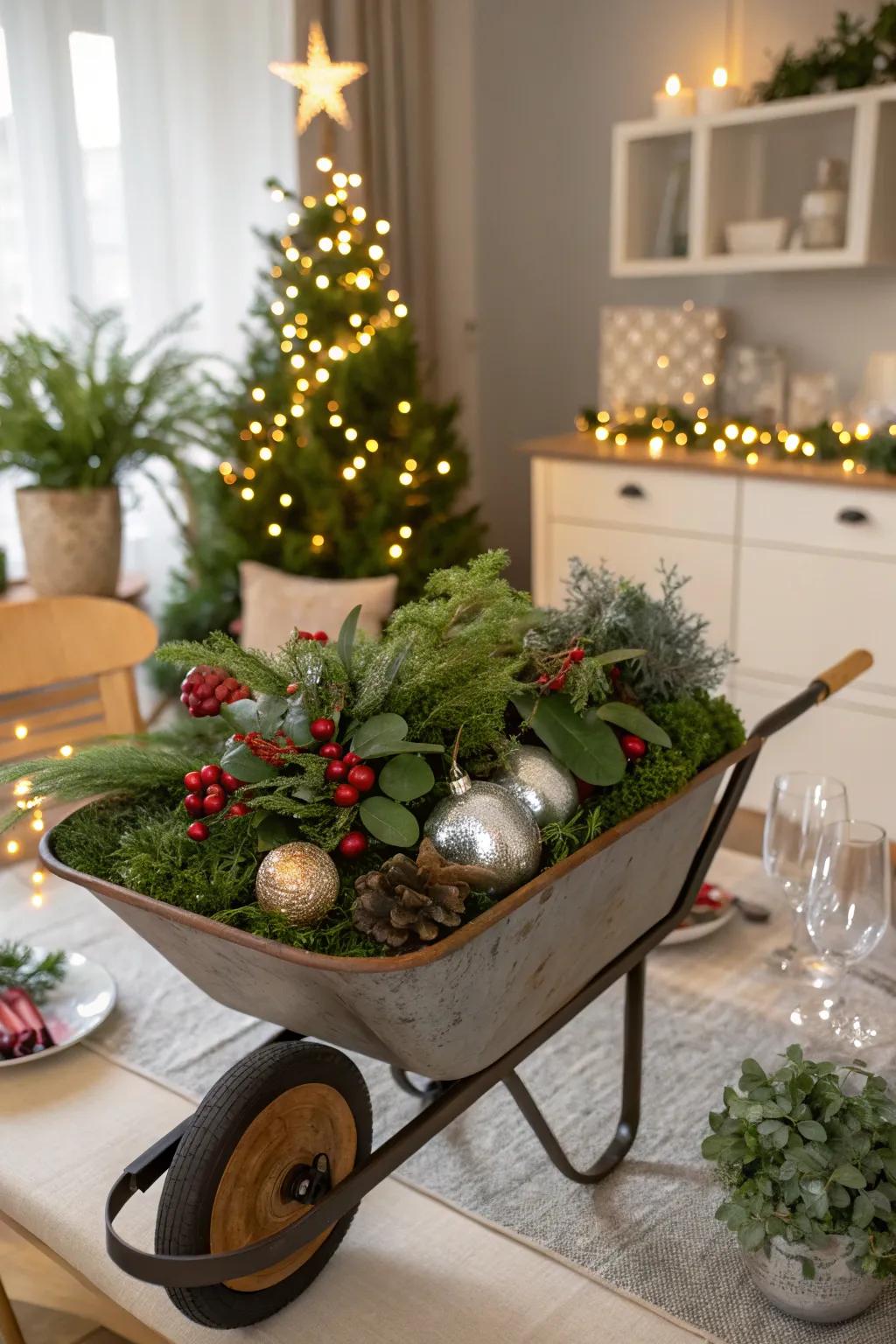 A builder's cart focal point that brings festive charm to the table.