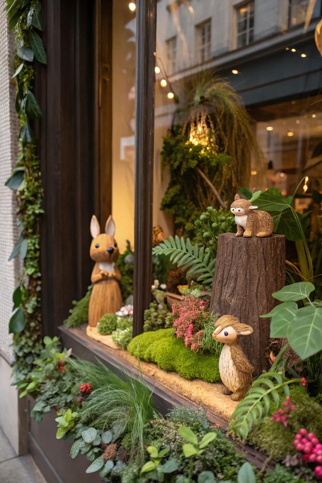 Woodland creatures impart a spirited allure to the window exhibition.