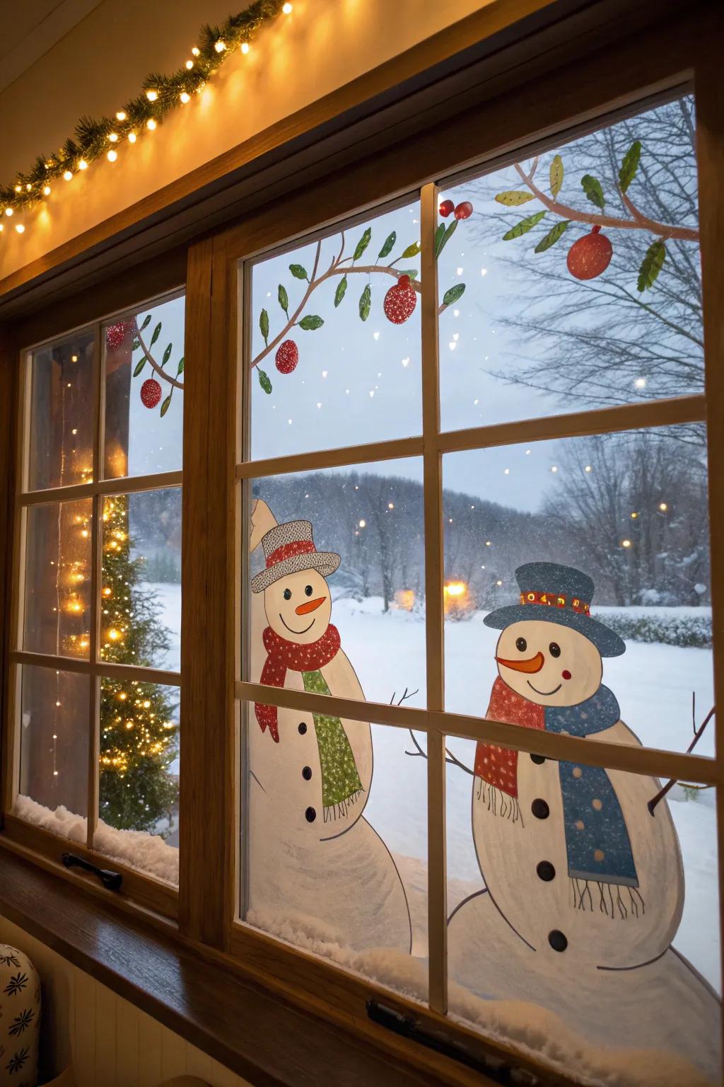 Cheerful snow figures introduce happiness to your festive windows.