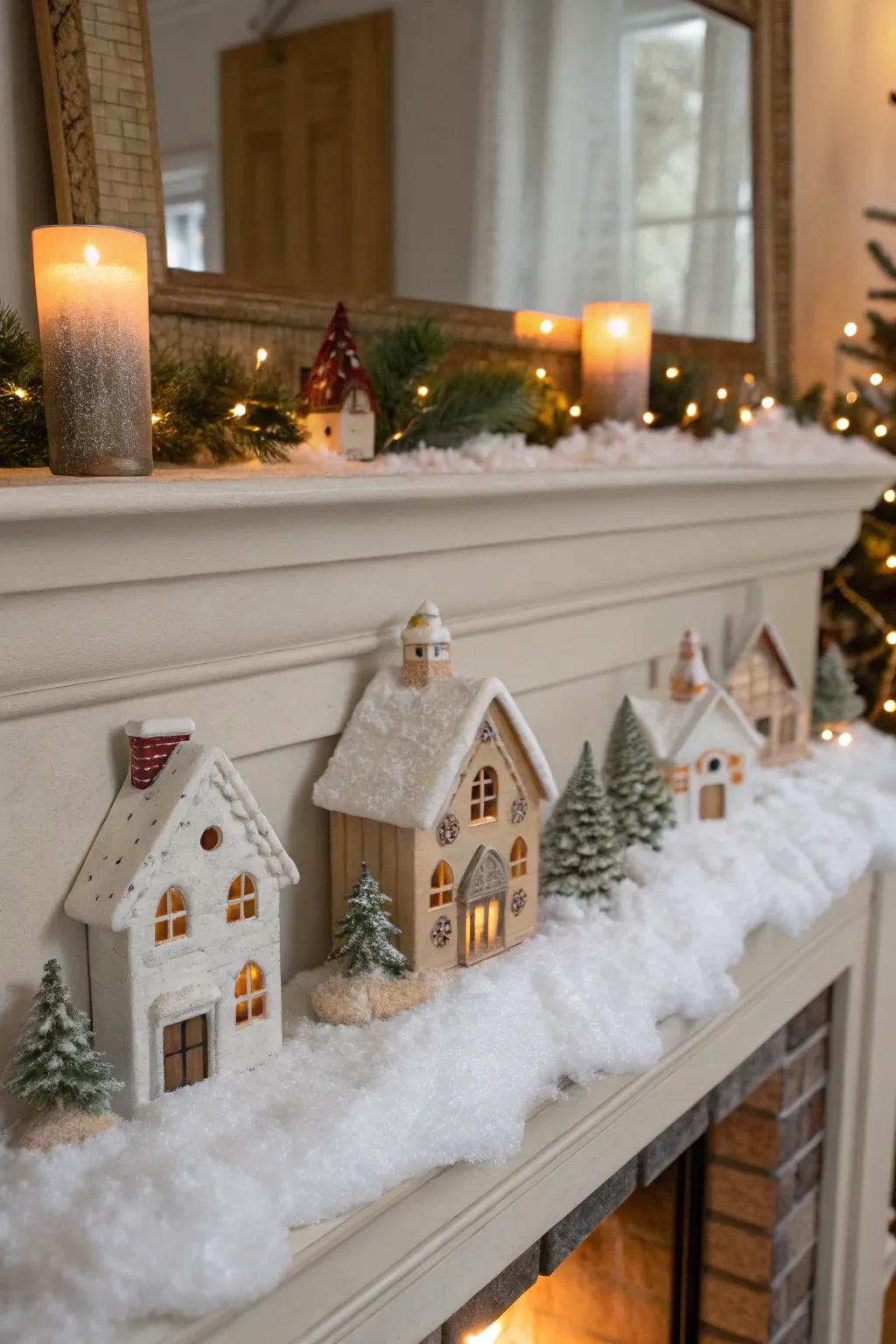 A pleasant snowy town setting displayed on a fireplace shelf.