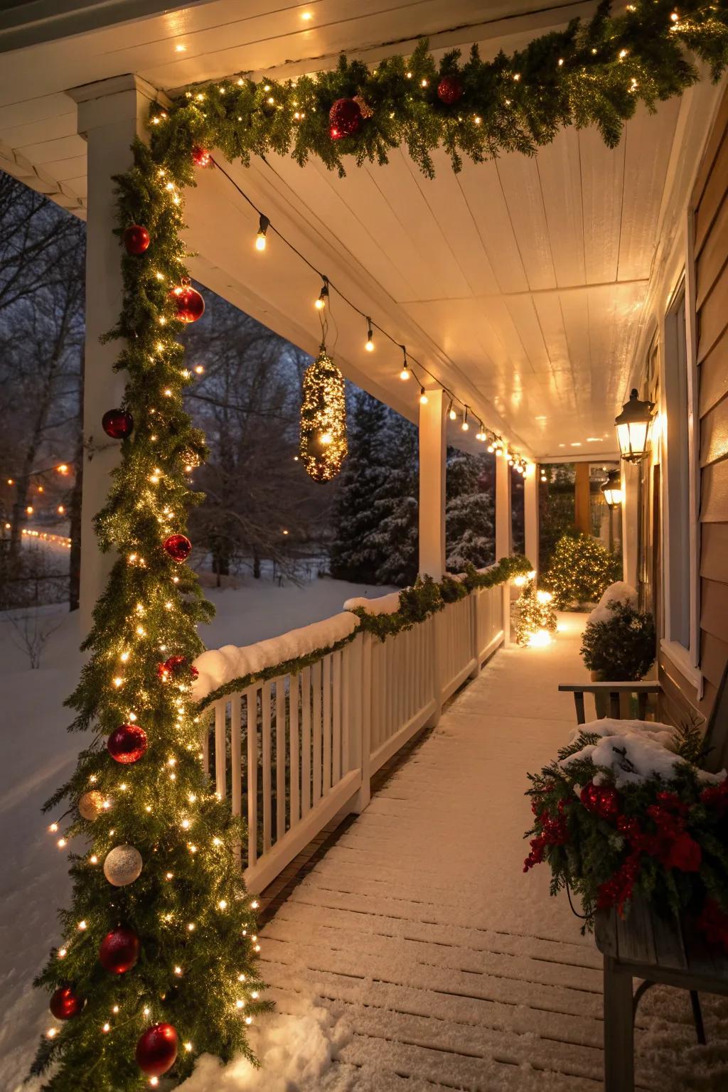 A porch elegantly decorated with garlands and ornaments.