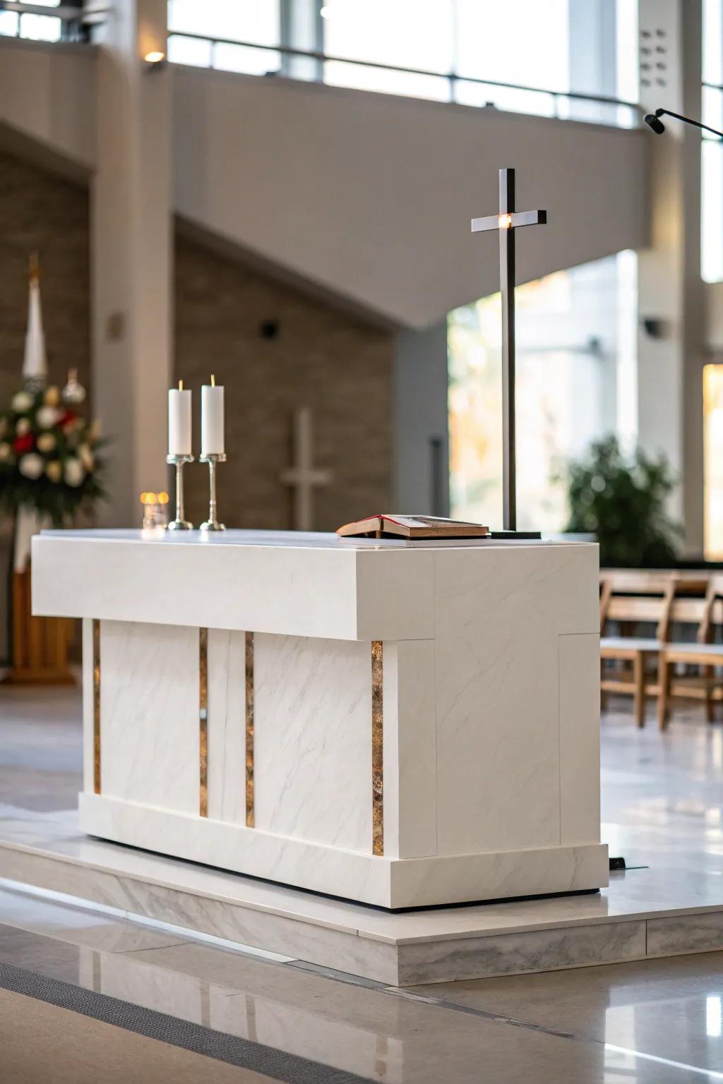 A minimalist altar featuring sharp lines, which offers a contemporary and peaceful space.