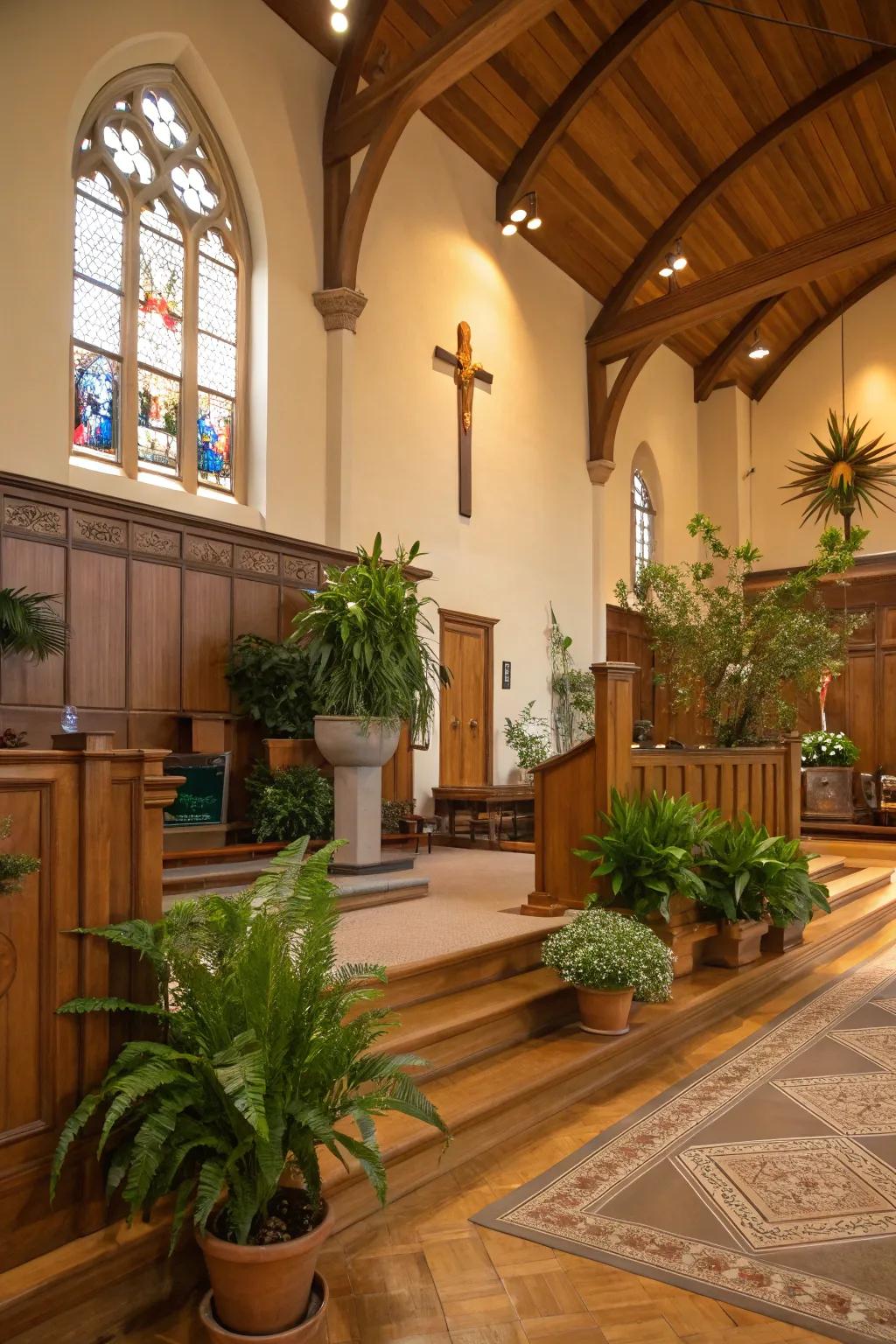 Church interior showcasing natural timber accents and potted flora.