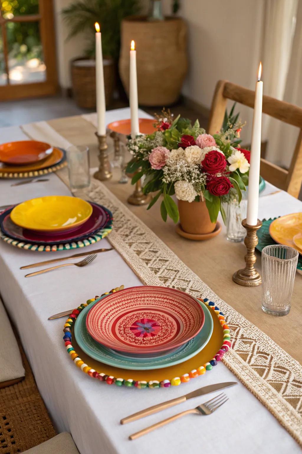 Celebratory table arrangements with serapes and vibrant accents.