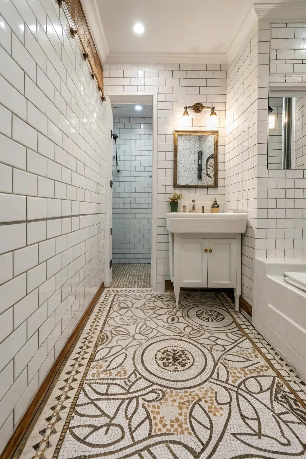 Metro-style tiles paired alongside elaborate mosaic floor work.