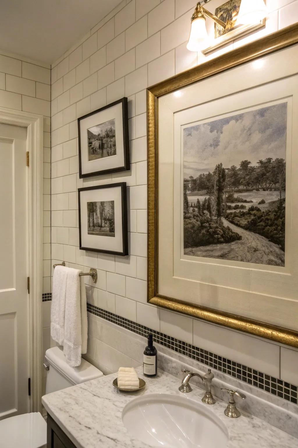 A bathroom space decorated with encased photographic art for a touch of traditional sophistication.