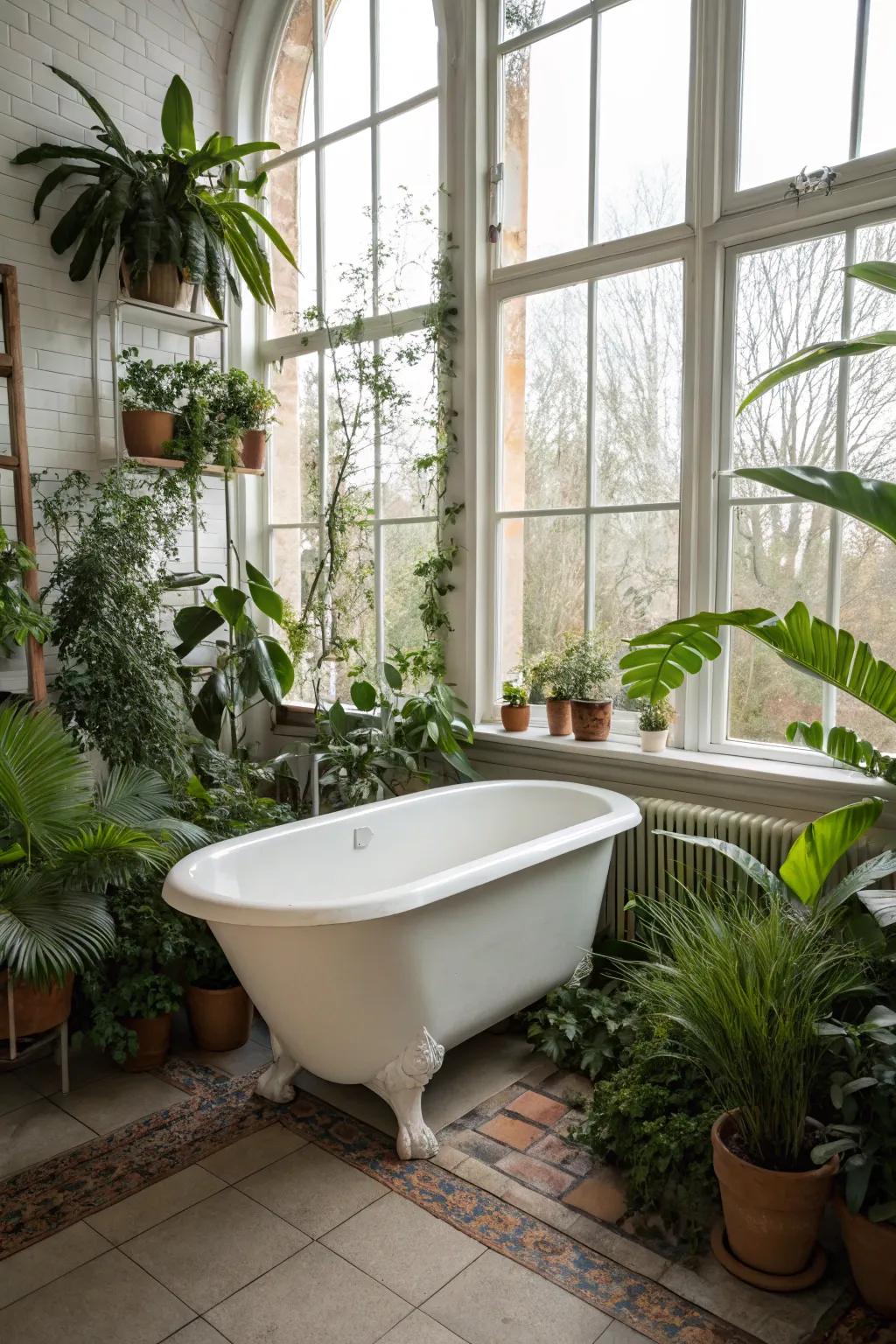 A bathroom haven where light and greenery enhance peace.