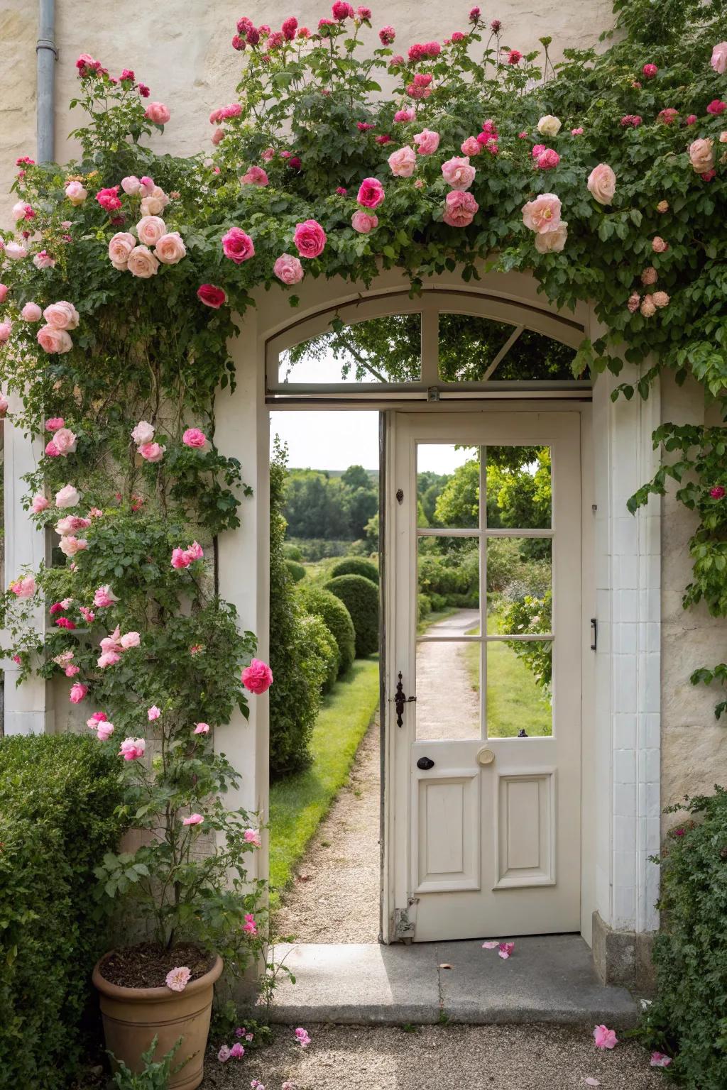 A rose-enhanced entry warmly welcomes all.