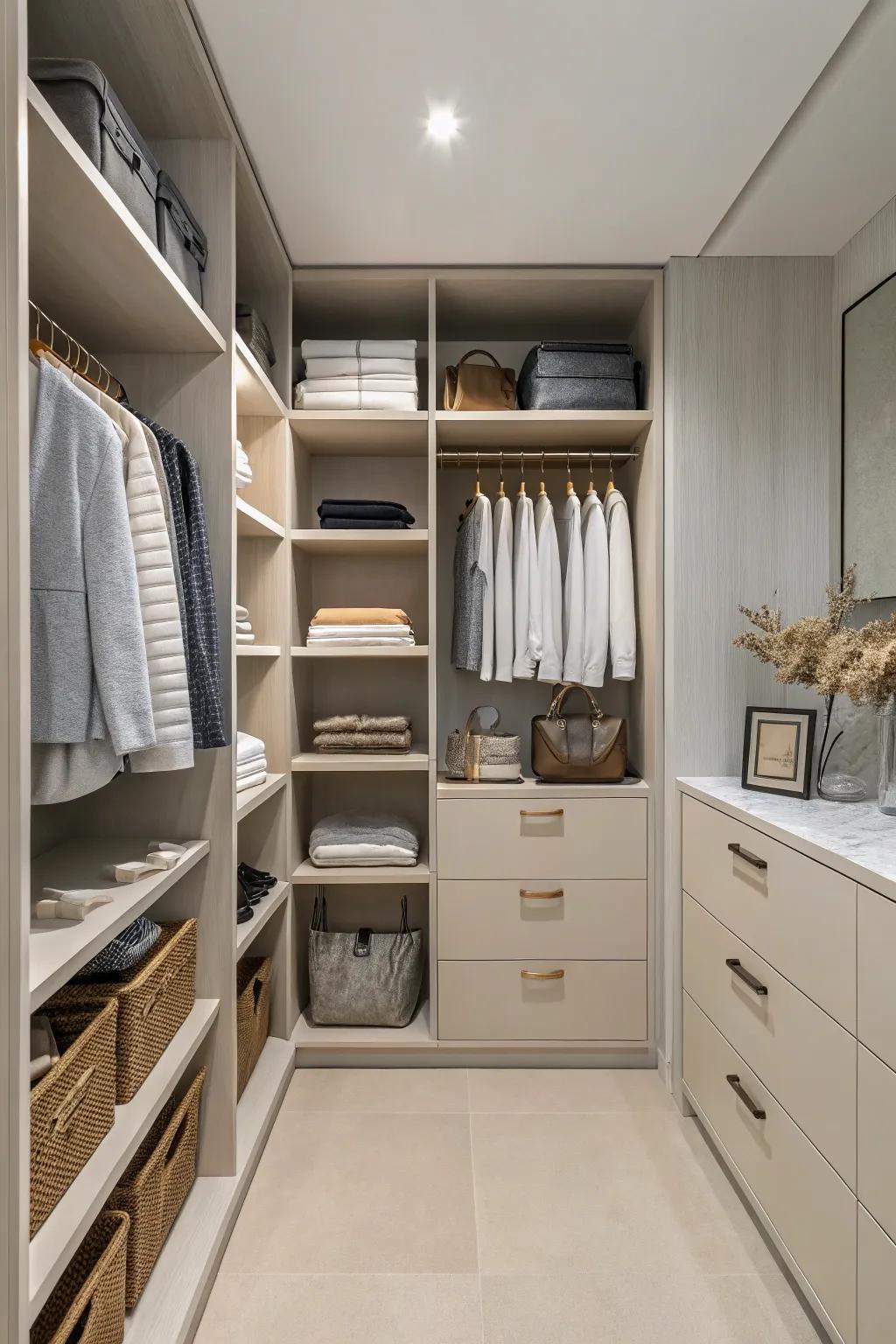 A minimalist design ensures your closet is serene and organized.