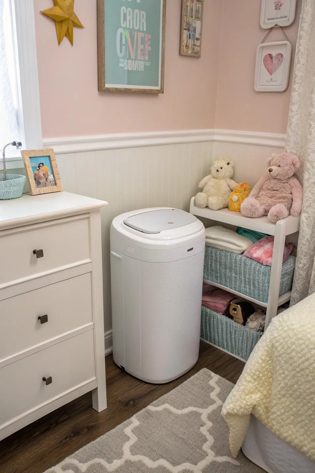 A streamlined nappy container integrates neatly into a compact baby's space corner, optimizing area efficiency.