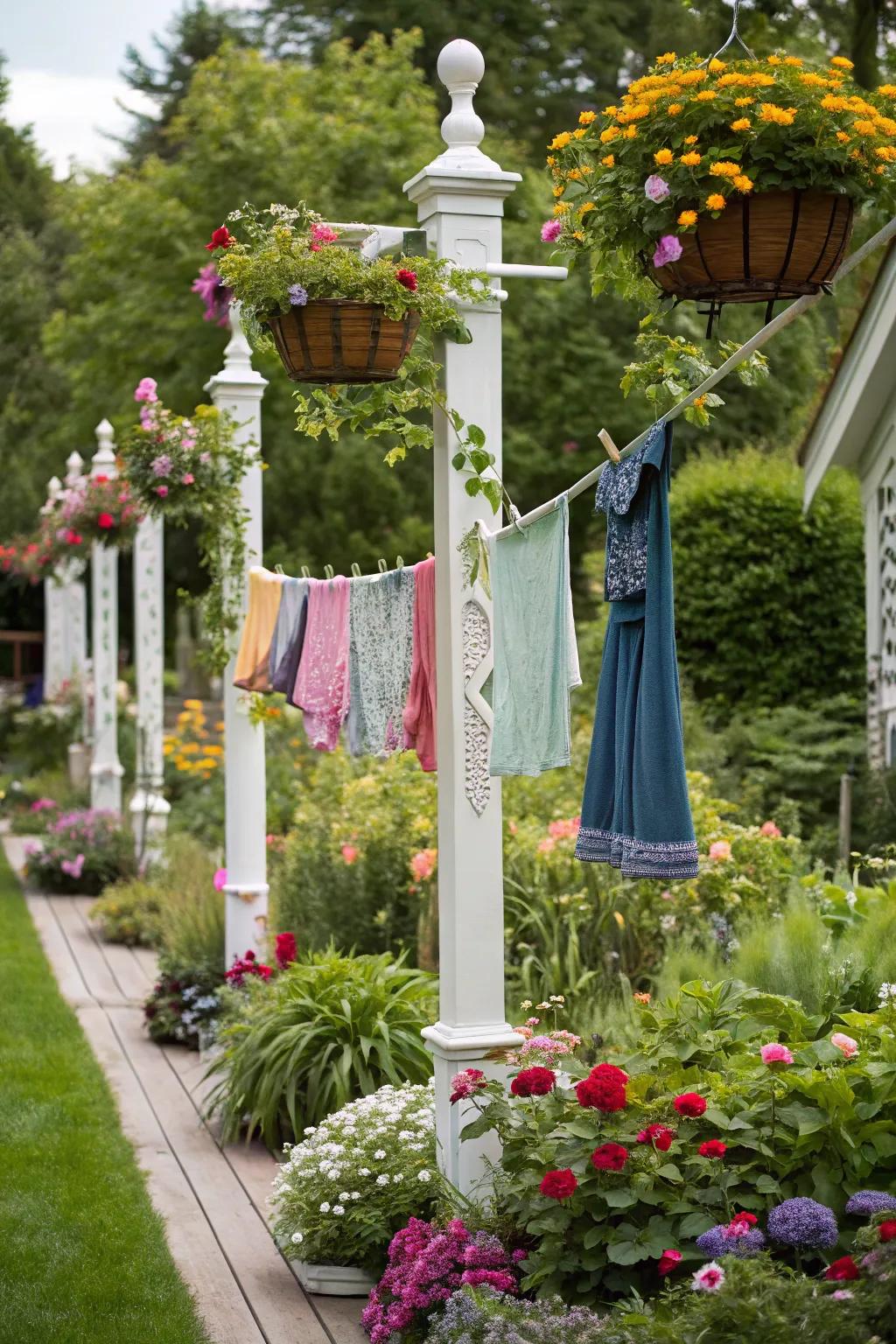 Stylish posts enhance this lovely garden clothesline.