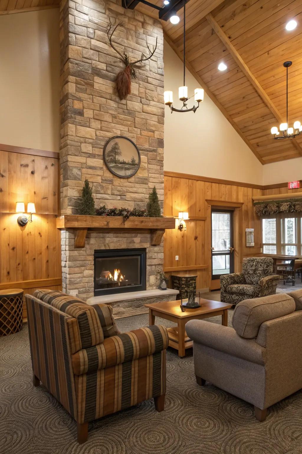 Inviting ambiance featuring a central fireplace in a clubhouse.