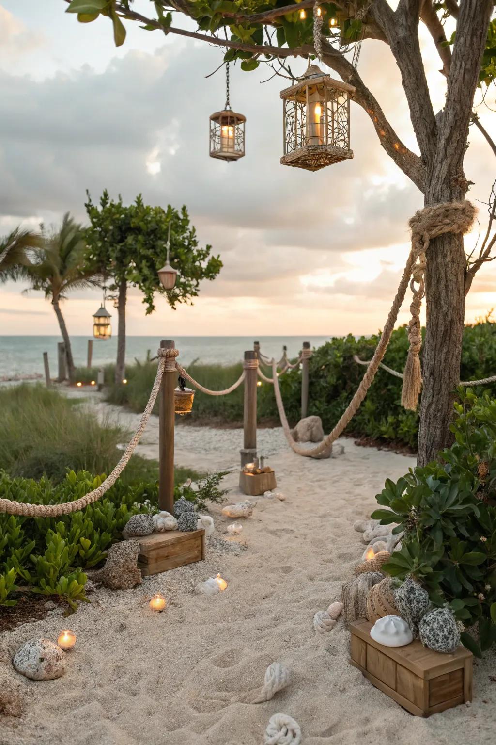 Beach decor such as ropes and lanterns capture a seaside escape.
