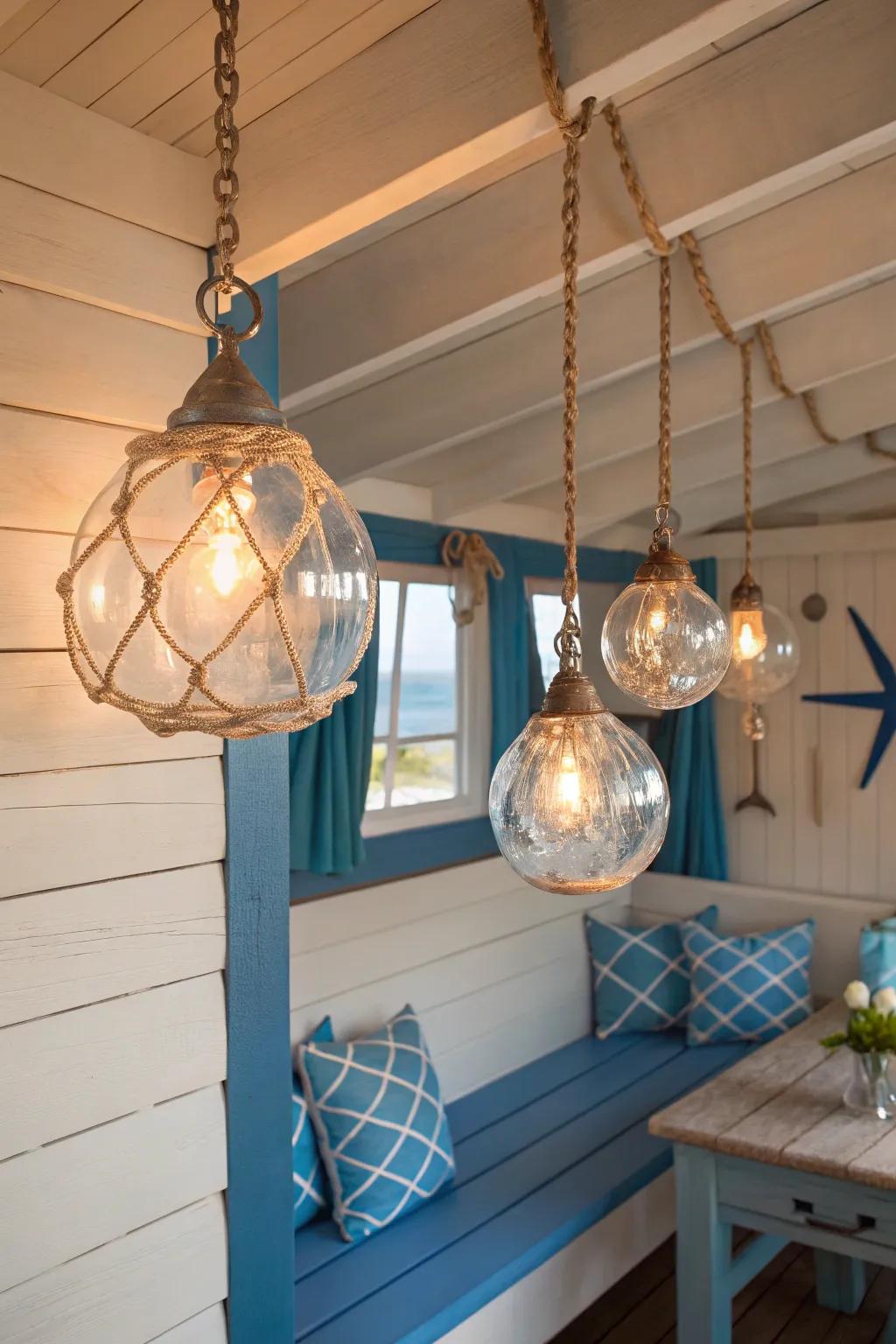 Glass buoy lights craft a whimsical seaside atmosphere.