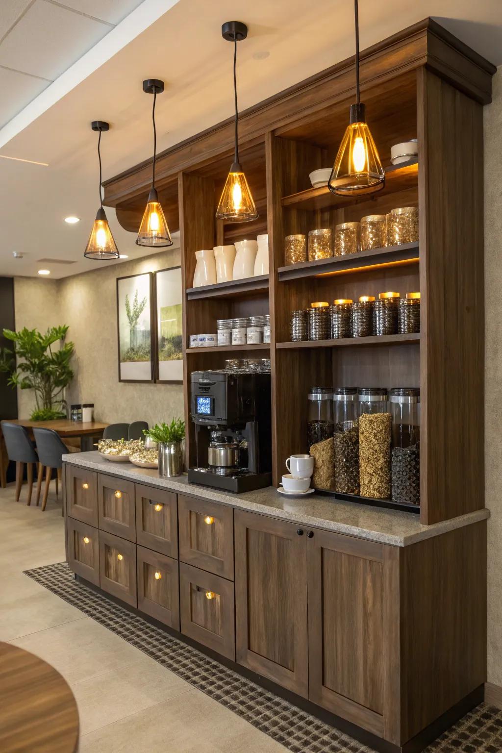 Decorative lighting that enhances the coffee bar's warmth.