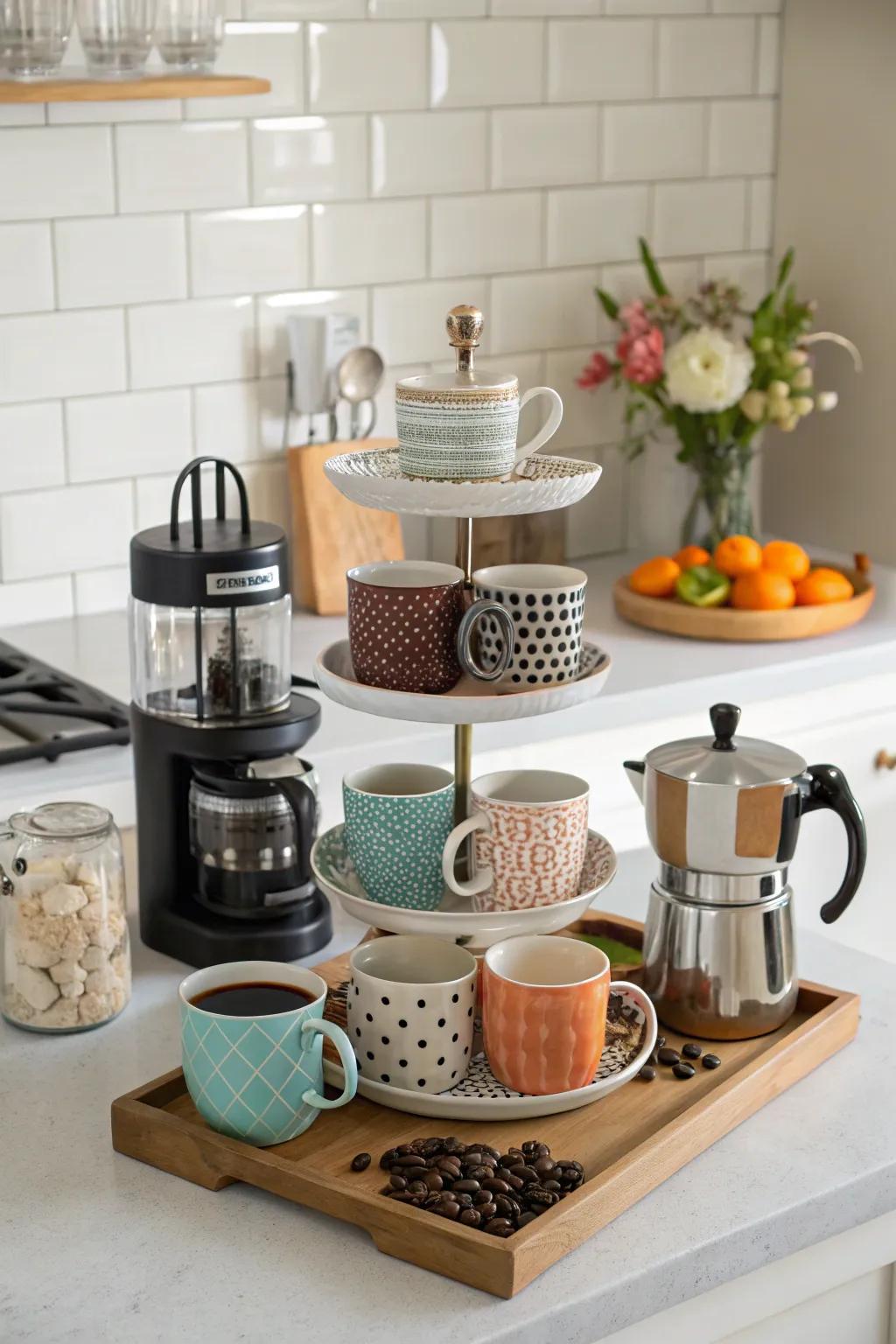 A multi-tiered stand adds functionality and visual appeal to the coffee bar.