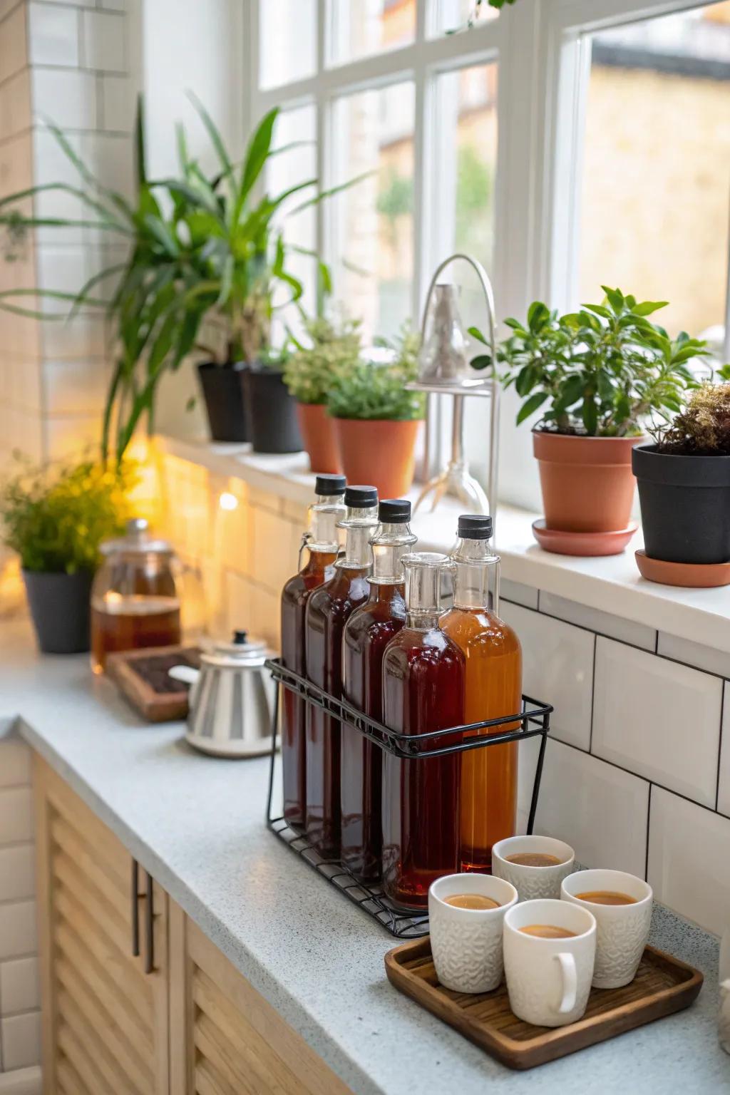 Small plants contribute an organic vibe to your coffee flavoring display.