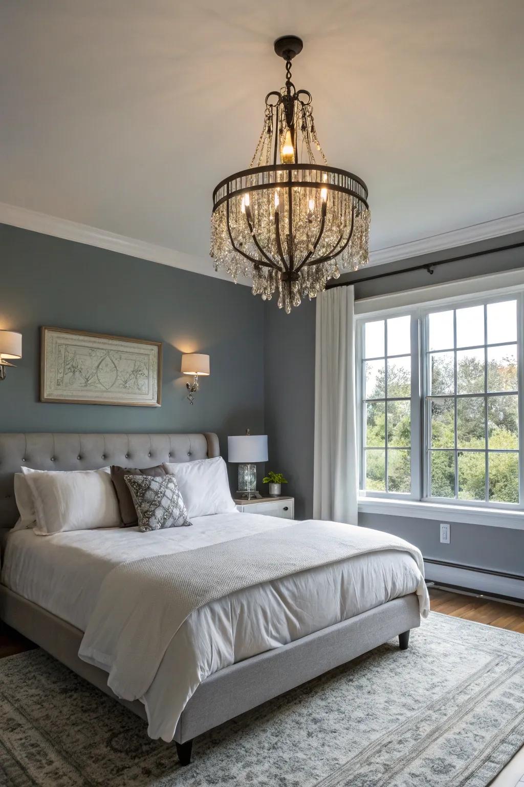Stylish lighting enhances the design of this color-saturated bedroom.