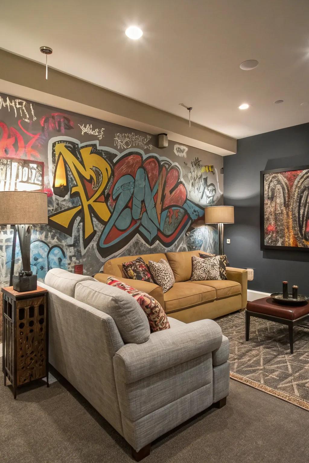 A living room featuring a vibrant graffiti feature wall as a focal point.
