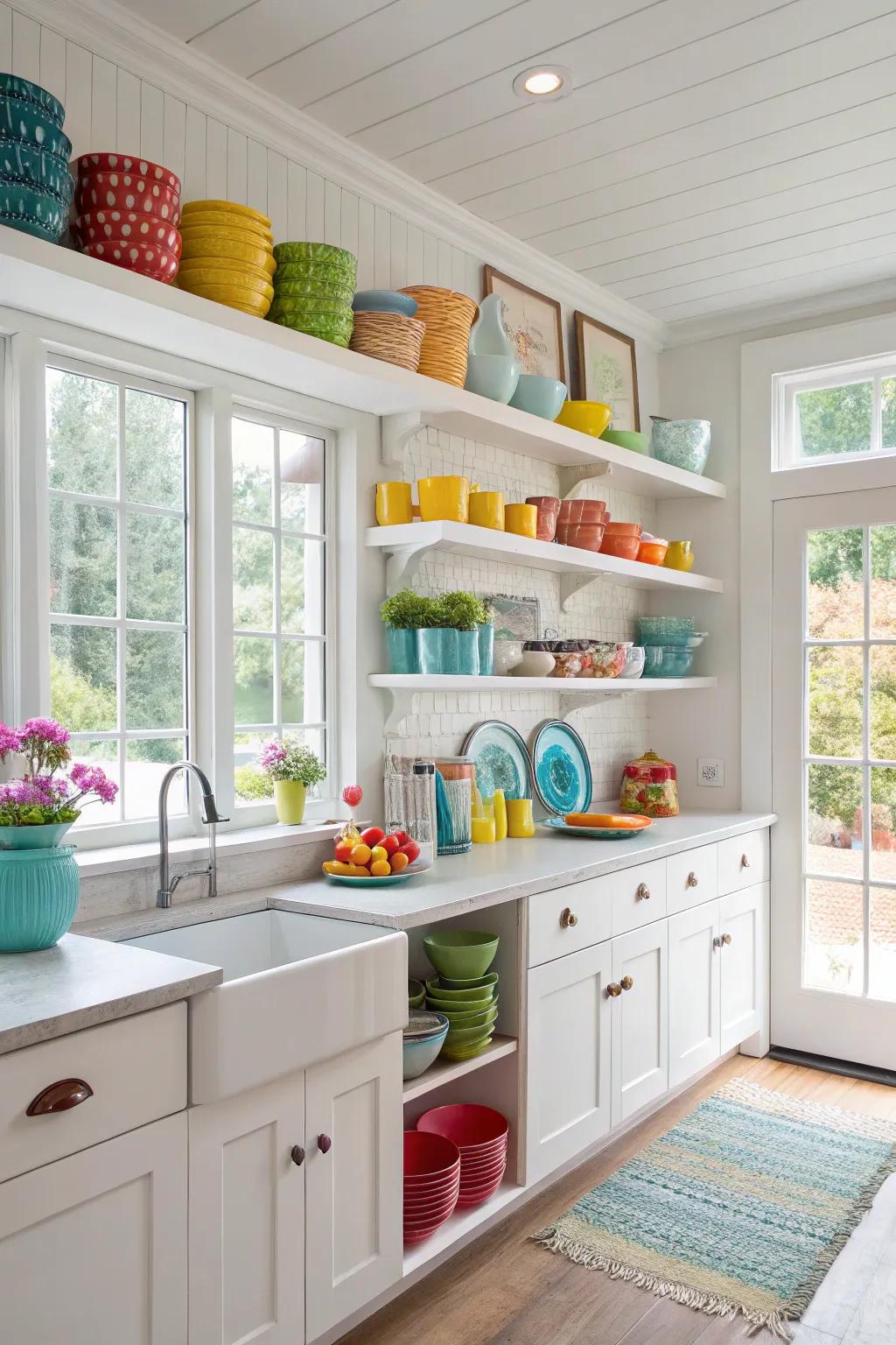 Open displays with radiant serveware introduce adaptability and charm.