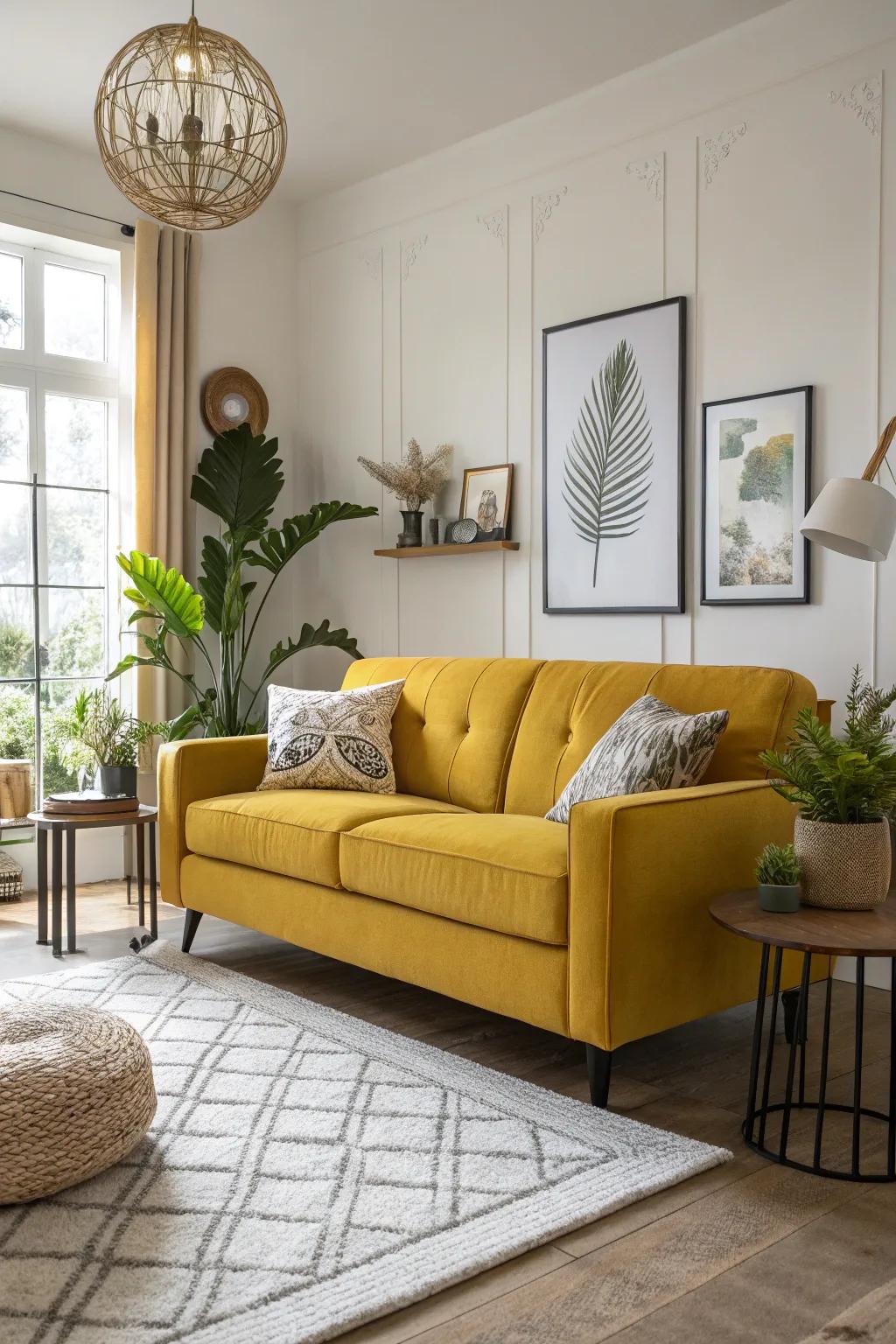 A mustard yellow sofa acts as a striking centerpiece in this vibrant living space.