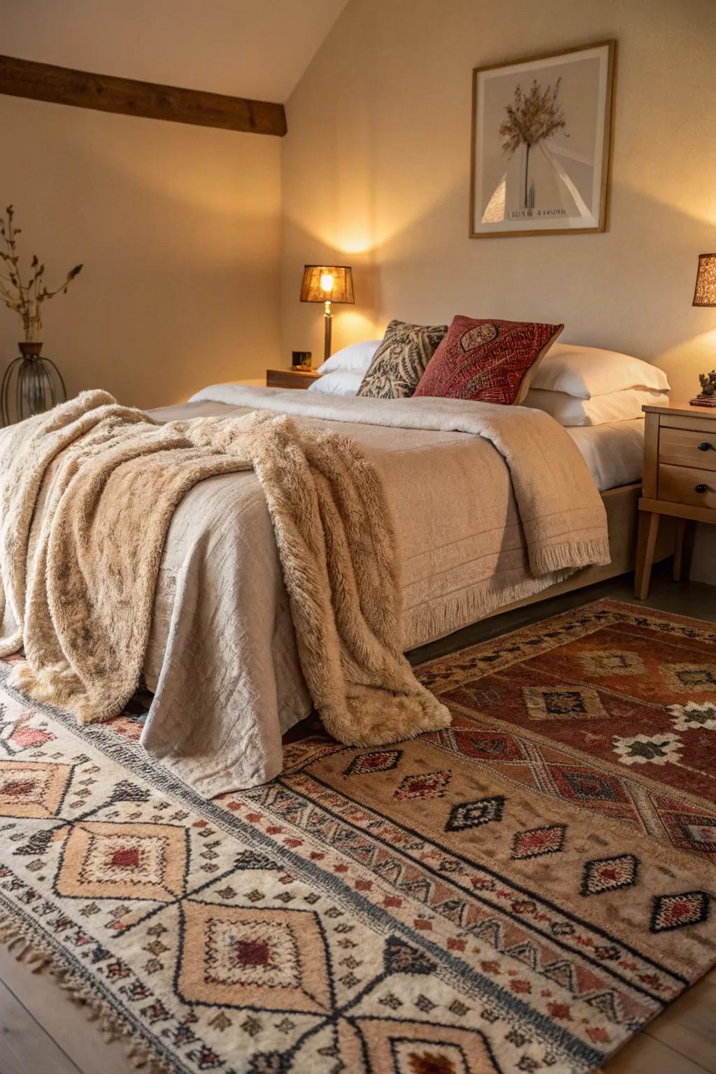Varied surface materials infuse this bedroom with warmth and style.