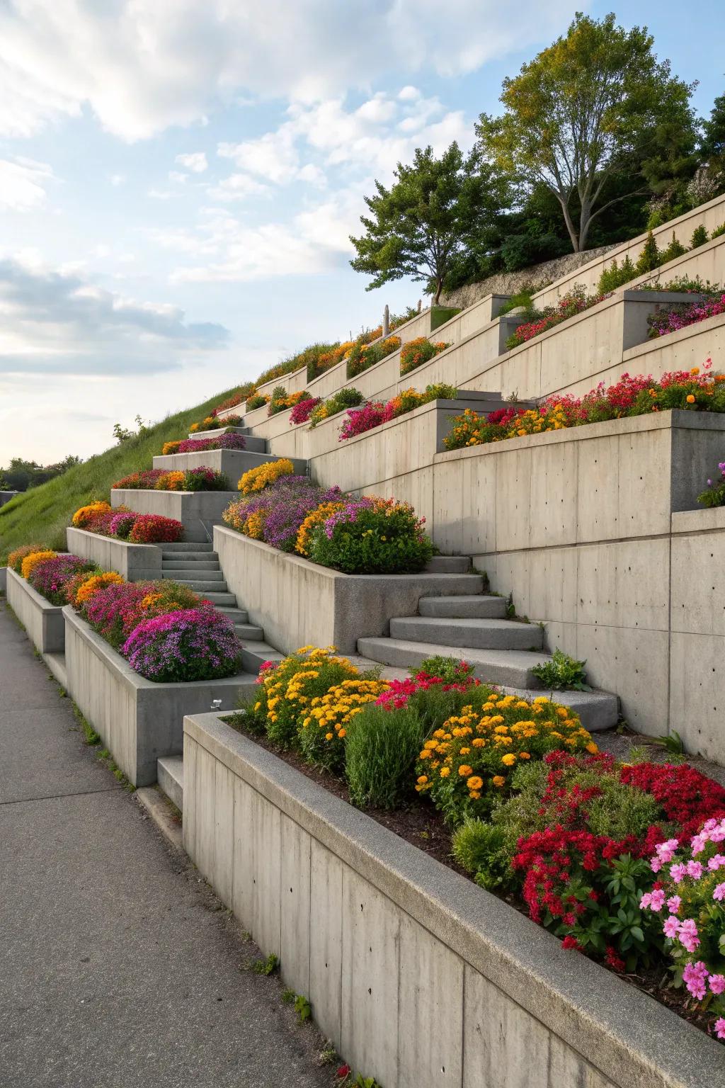 Tiered structures render slopes more practical and aesthetically pleasing.