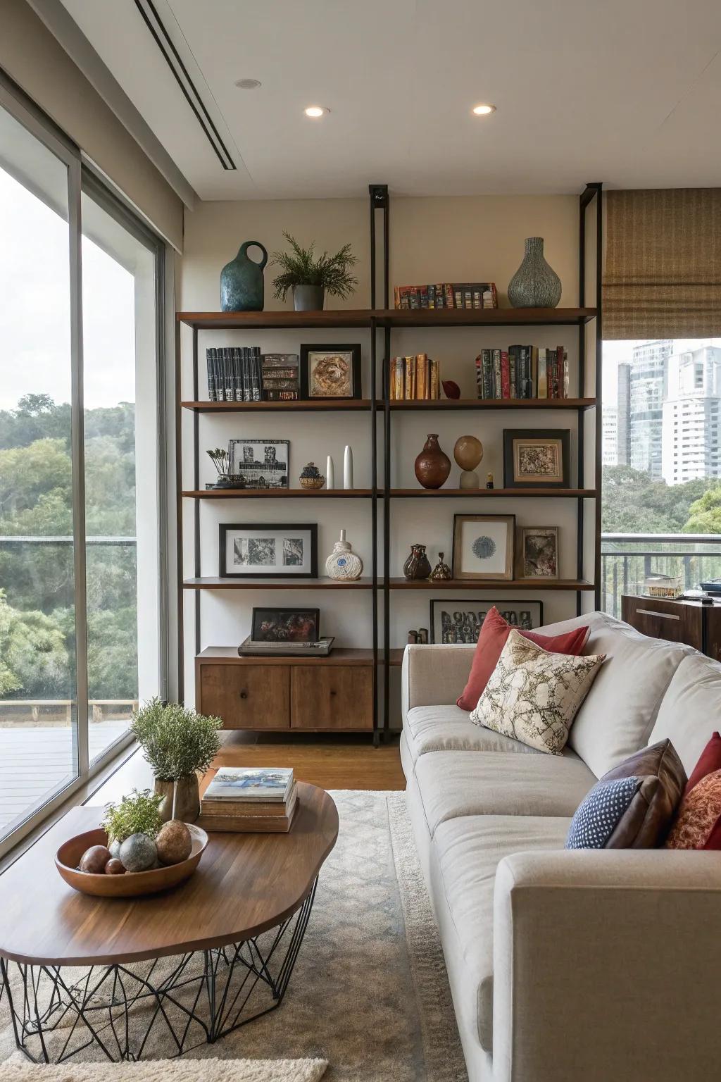 Upward storage options maximizing space in a condo living space.