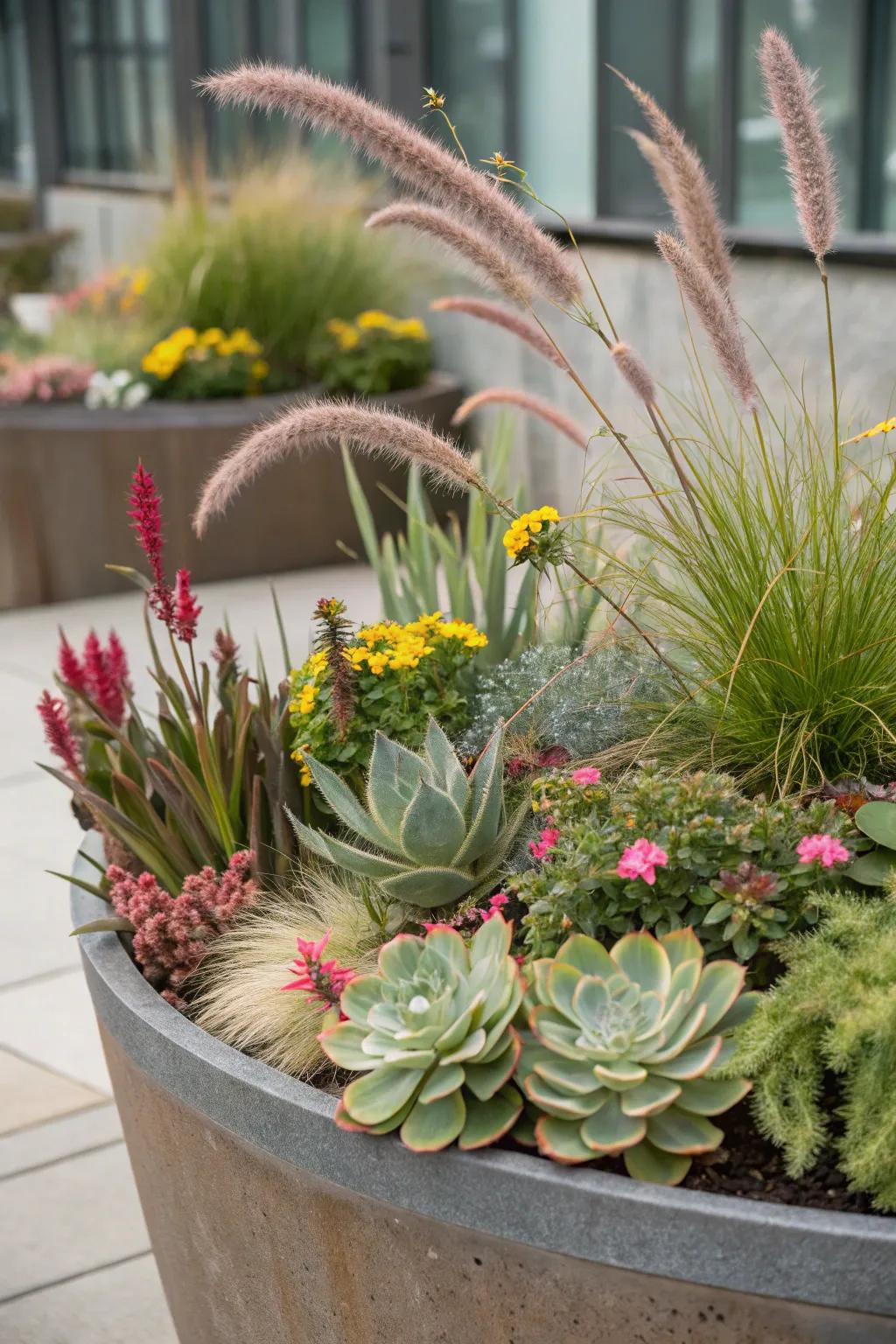 Contrasting feels with a mix of different kinds of plants.