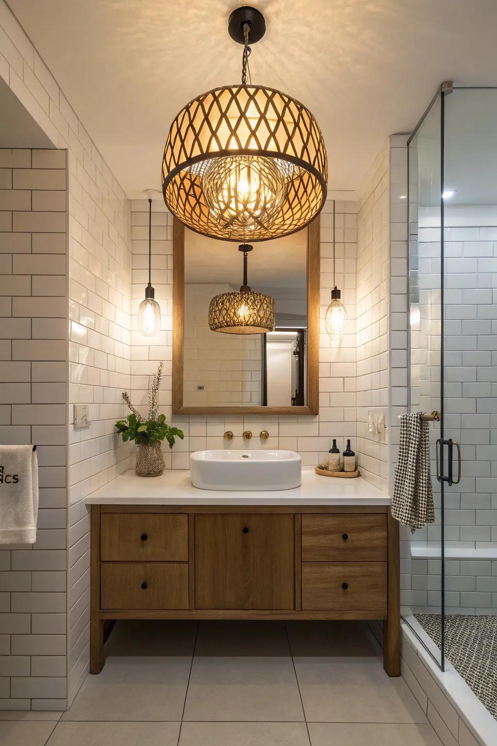 Bathroom featuring a bold statement lighting fixture.